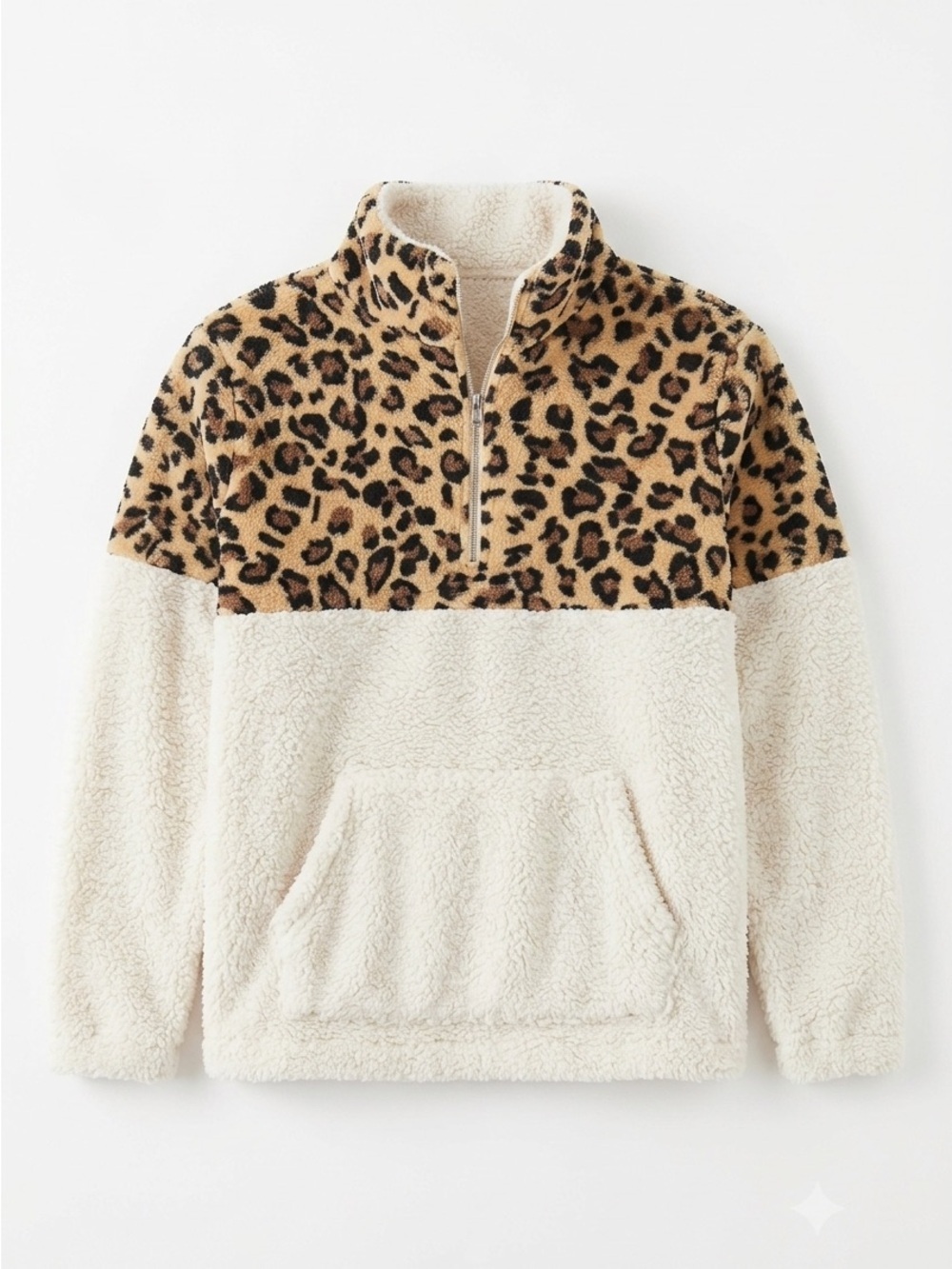 C+D+M Leopard & Cream Sherpa Quarter-Zip Pullover - Women’s Large